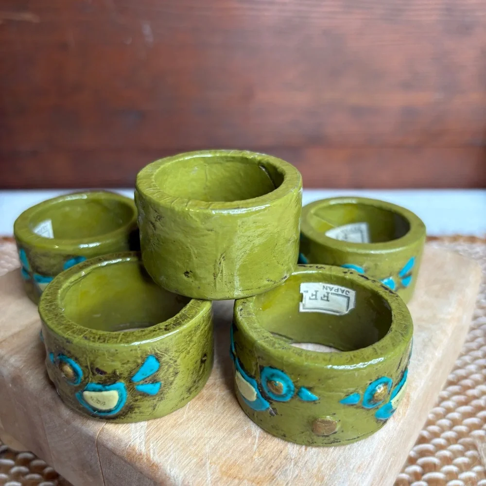 Set of 6 Vintage Fitz & Floyd Paper Mâché Green Napkin Rings Bird Motif
